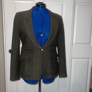 SMYTHE WOOL BLEND PINSTRIPED PEAKED LAPEL POCKETS BLAZER (OLIVE GREEN) - US 12